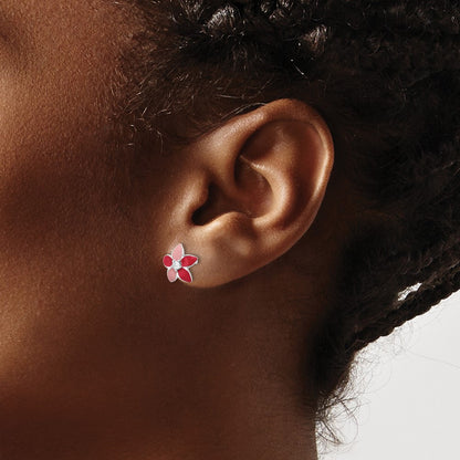 Sterling Silver Rhodium Plated Pink Enamel & CZ Flower Children's Post Earrings