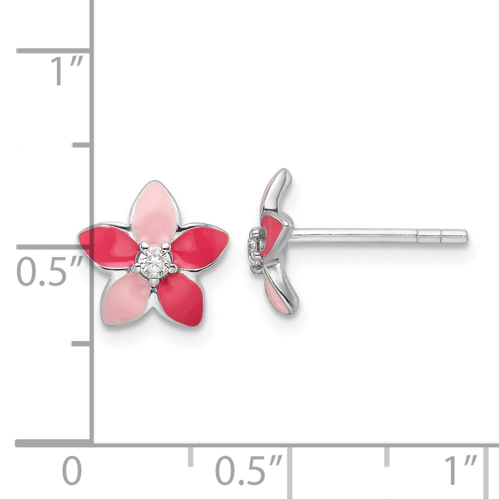 Sterling Silver Rhodium Plated Pink Enamel & CZ Flower Children's Post Earrings