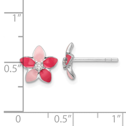 Sterling Silver Rhodium Plated Pink Enamel & CZ Flower Children's Post Earrings