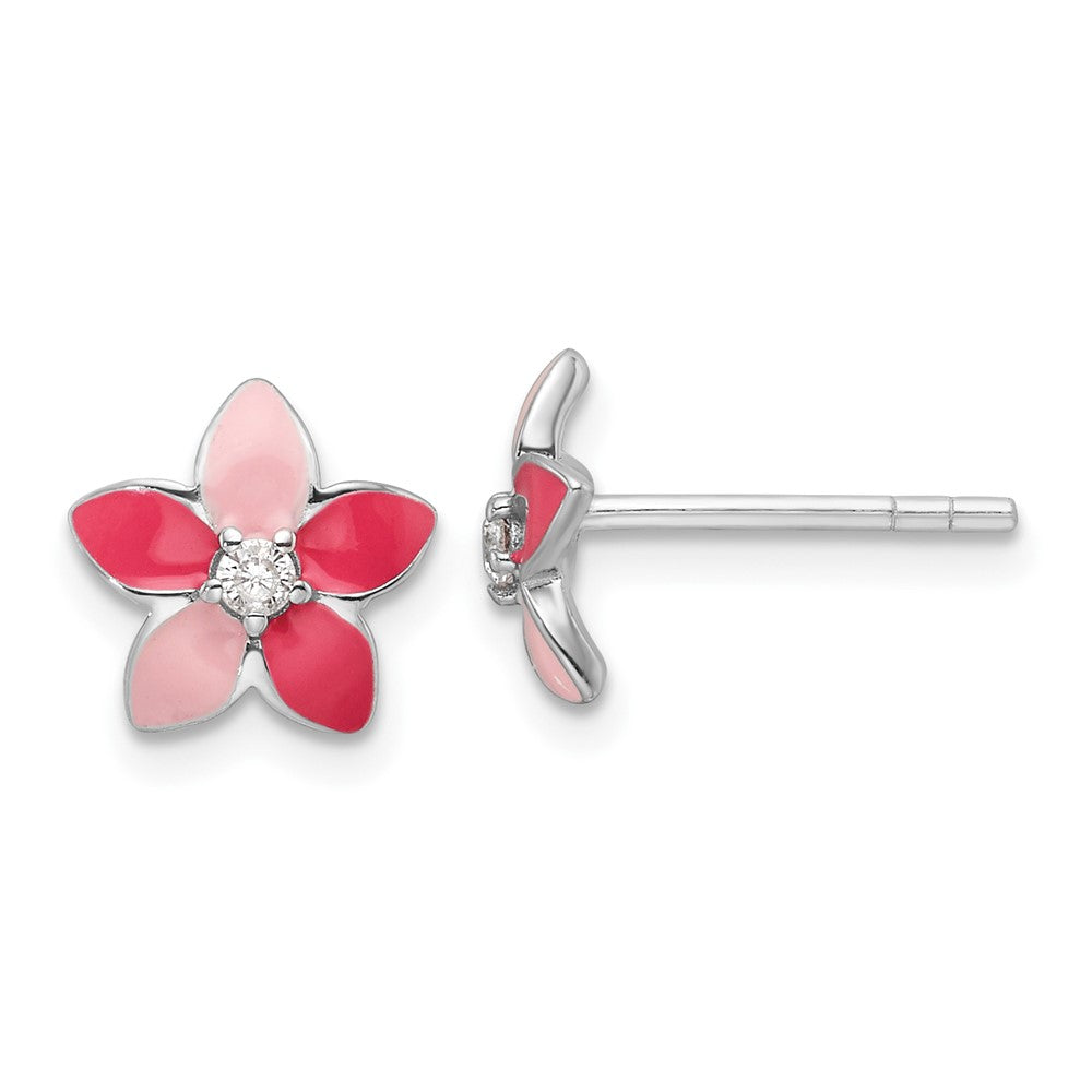 Sterling Silver Rhodium Plated Pink Enamel & CZ Flower Children's Post Earrings