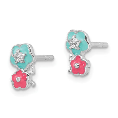 Sterling Silver Rhodium Plated CZ & Enamel Flowers Children's Post Earrings