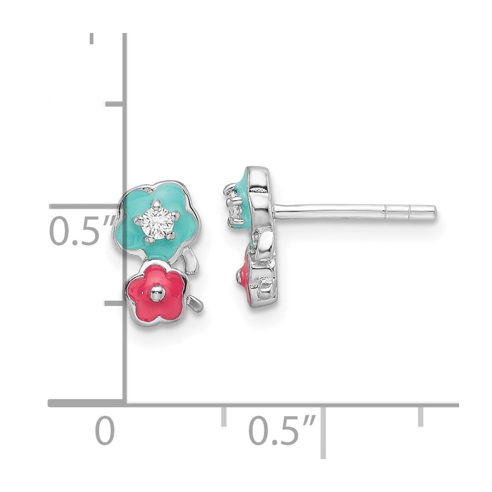 Sterling Silver Rhodium Plated CZ & Enamel Flowers Children's Post Earrings