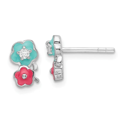 Sterling Silver Rhodium Plated CZ & Enamel Flowers Children's Post Earrings