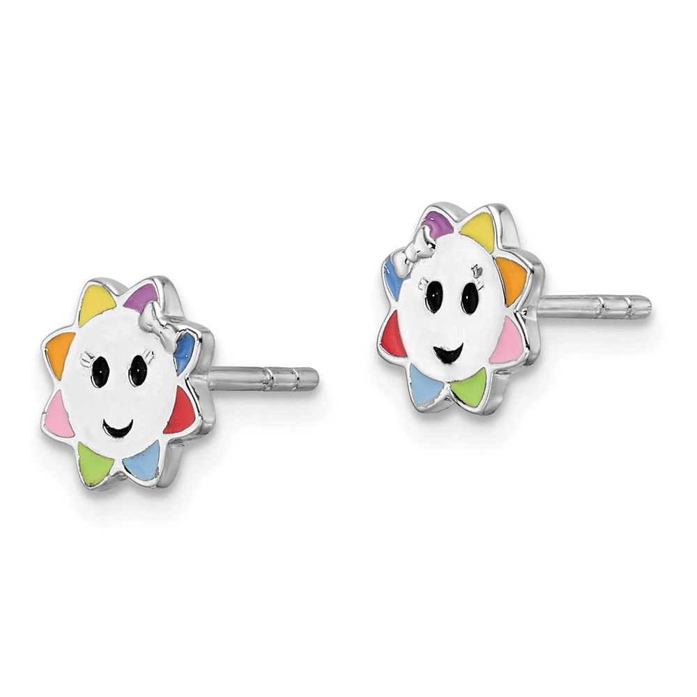 Sterling Silver Rhodium Plated Multicolor Enameled Sun Children's Post Earrings
