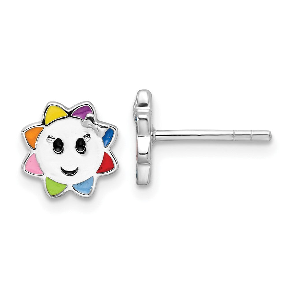 Sterling Silver Rhodium Plated Multicolor Enameled Sun Children's Post Earrings