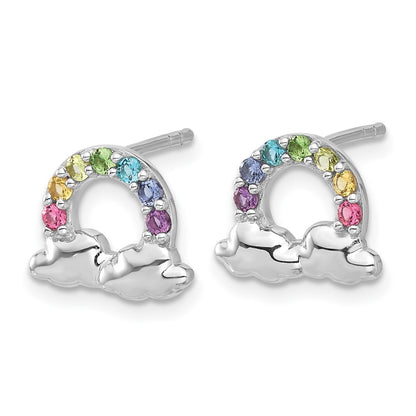 Sterling Silver Rhodium Plated Crystal Rainbow & Clouds Children's Post Earrin