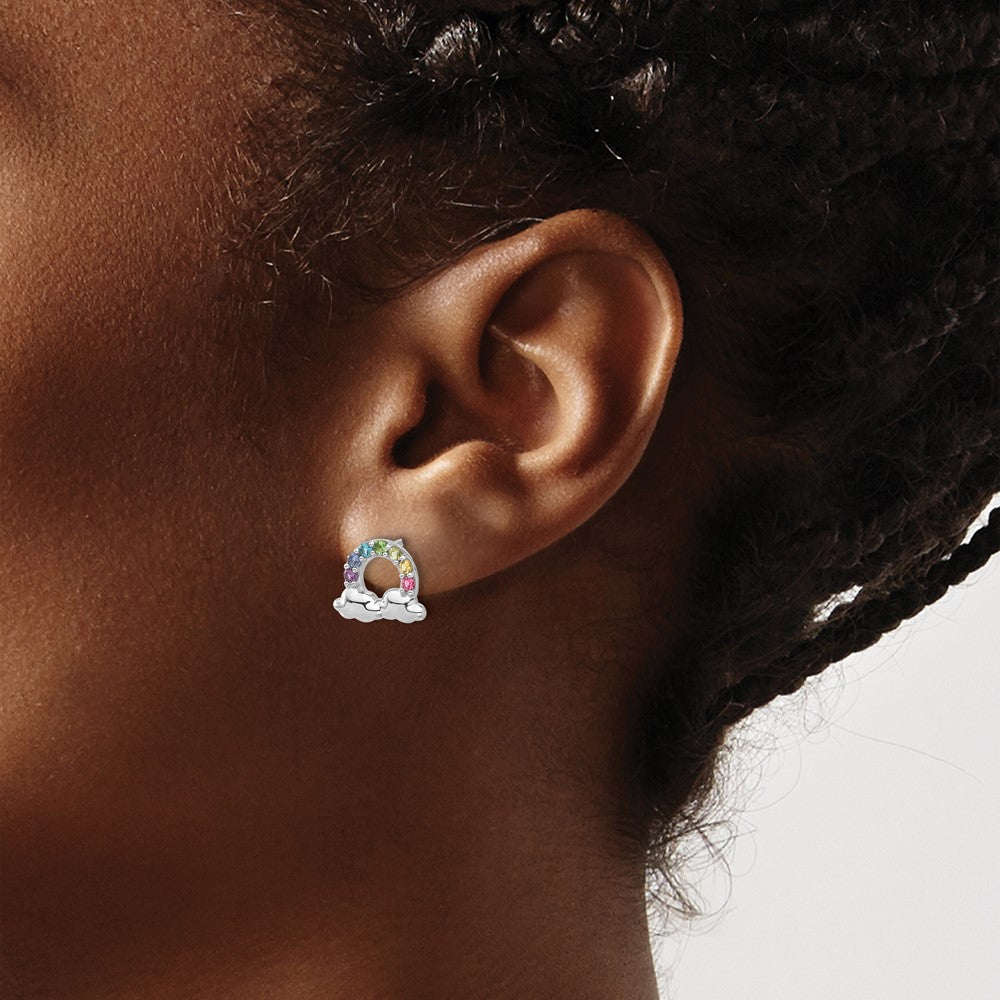 Sterling Silver Rhodium Plated Crystal Rainbow & Clouds Children's Post Earrin