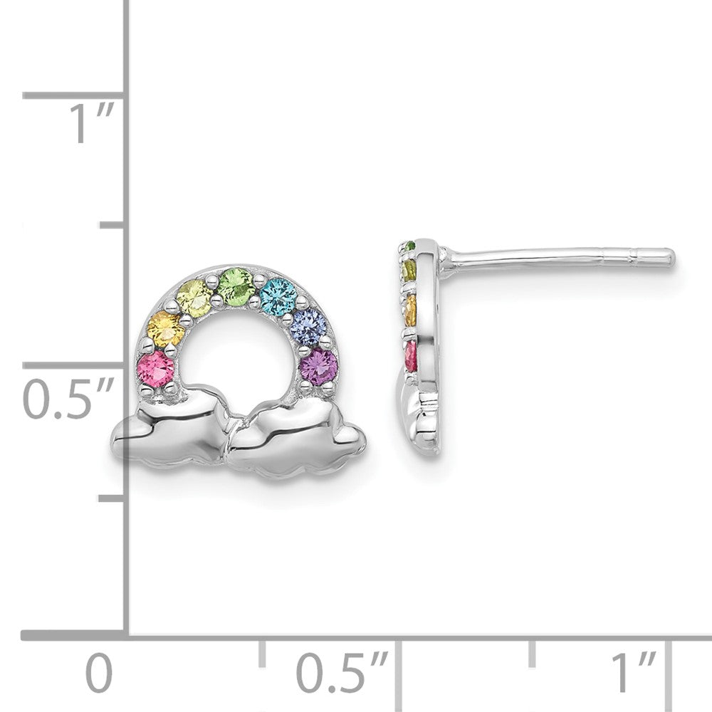 Sterling Silver Rhodium Plated Crystal Rainbow & Clouds Children's Post Earrin