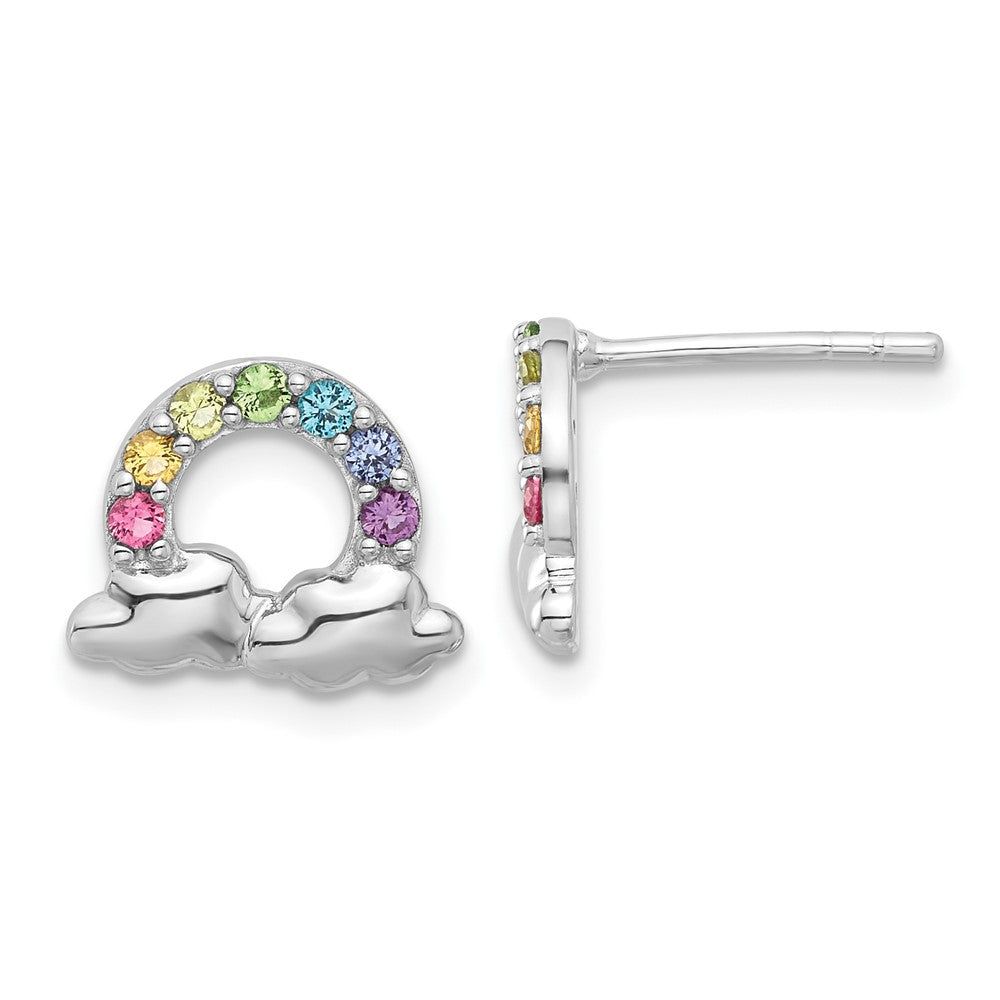 Sterling Silver Rhodium Plated Crystal Rainbow & Clouds Children's Post Earrin