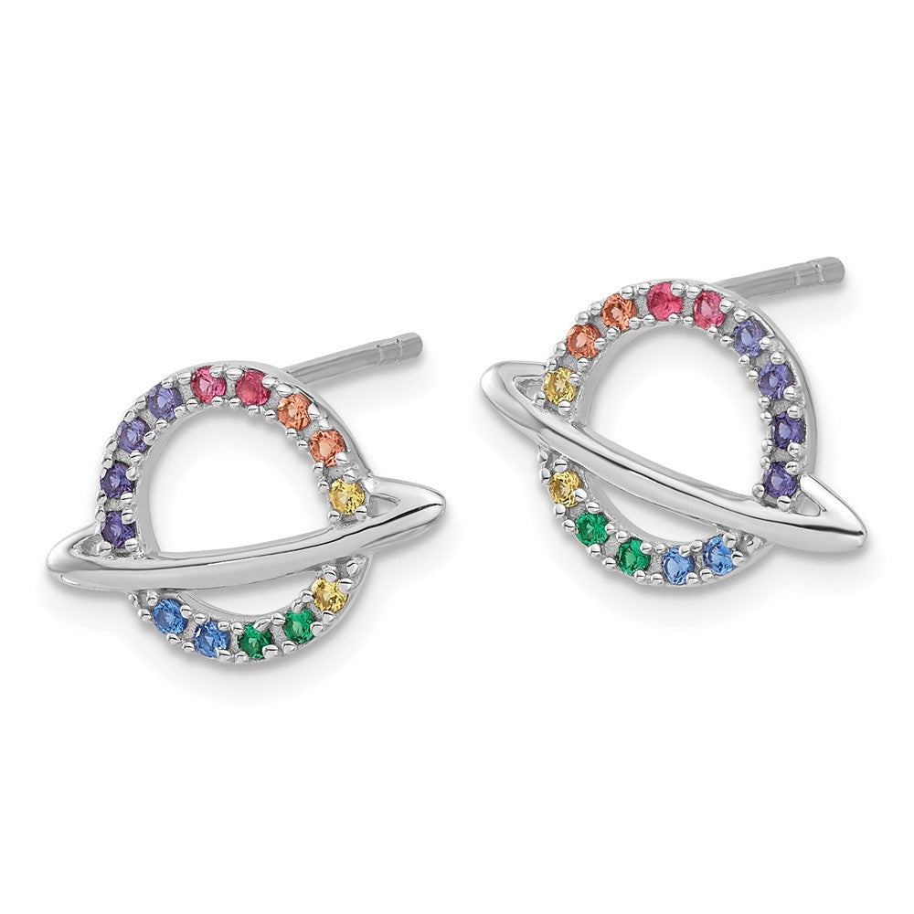 Sterling Silver Rhodium Plated Multicolor Crystal Planet Children's Post Earring