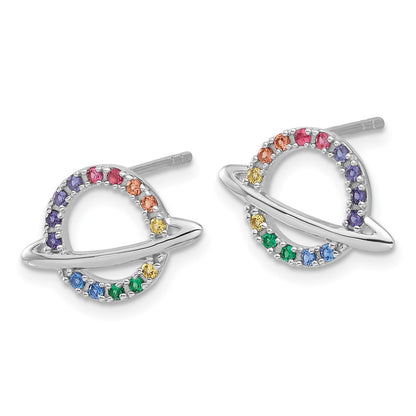 Sterling Silver Rhodium Plated Multicolor Crystal Planet Children's Post Earring