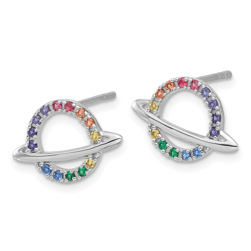 Sterling Silver Rhodium Plated Multicolor Crystal Planet Children's Post Earring