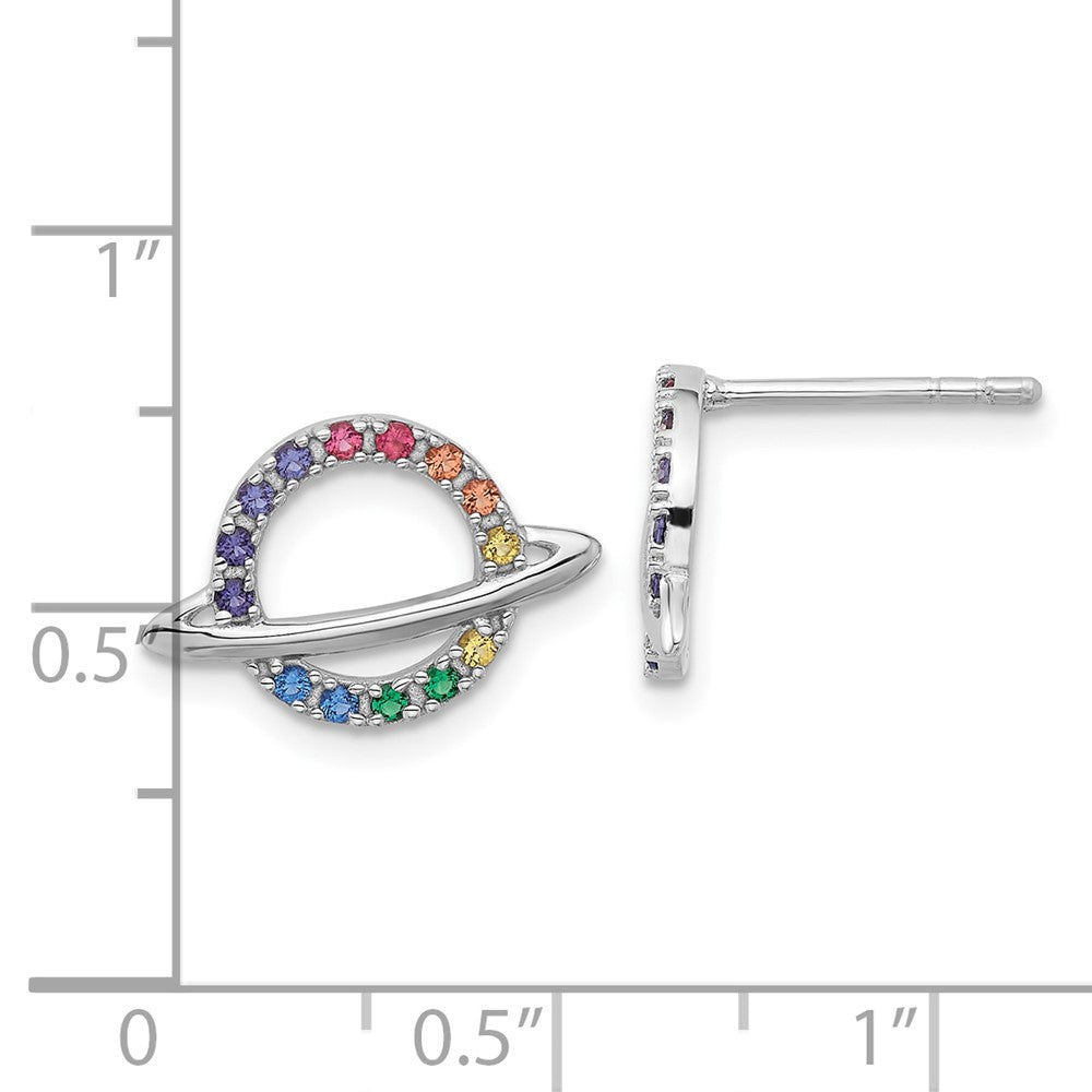 Sterling Silver Rhodium Plated Multicolor Crystal Planet Children's Post Earring