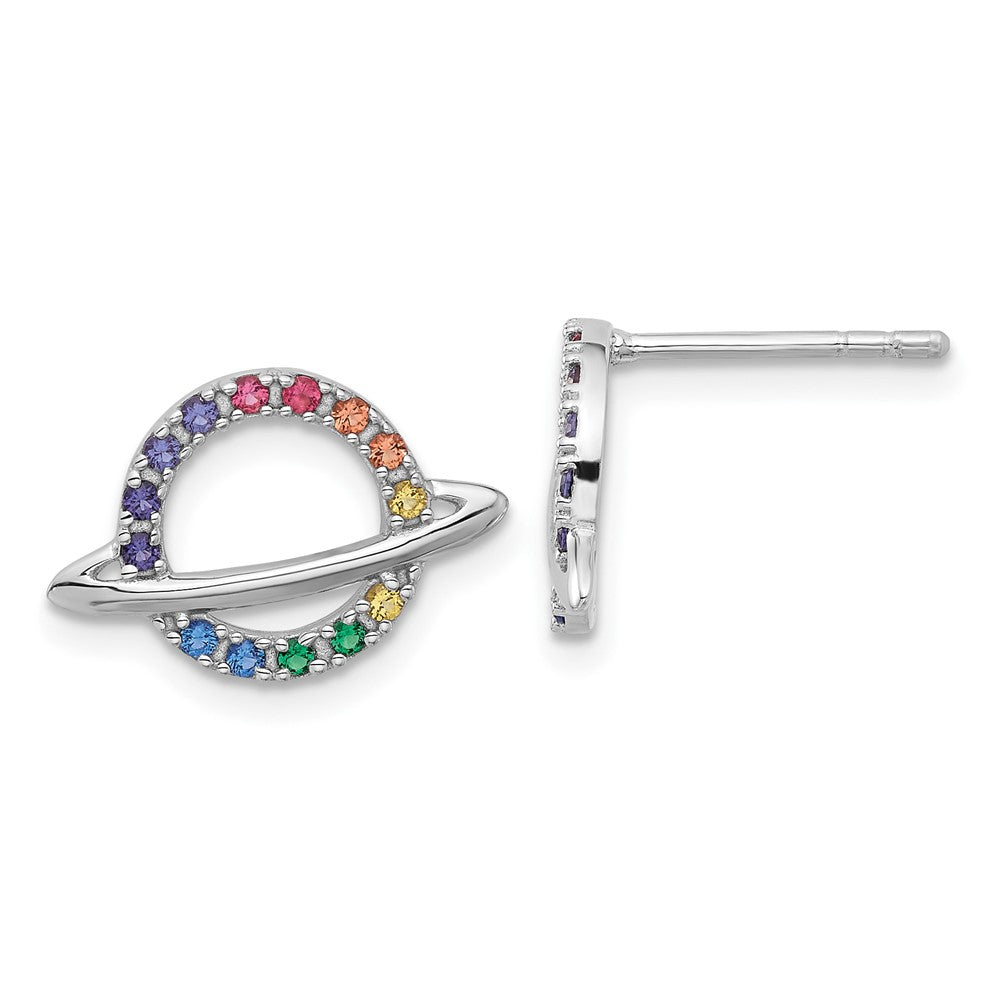 Sterling Silver Rhodium Plated Multicolor Crystal Planet Children's Post Earring