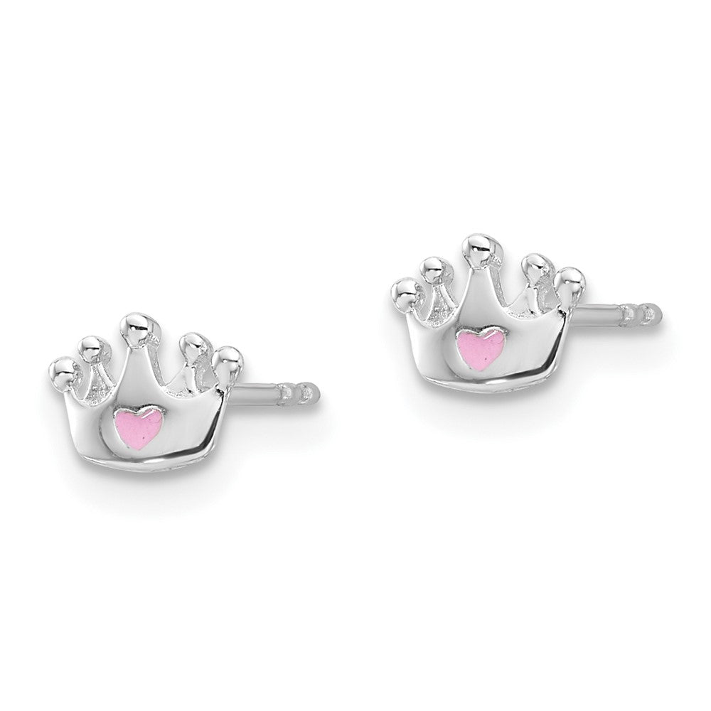 Sterling Silver Rhodium Plated Pink Enamel Heart Crown Children's Post Earrings