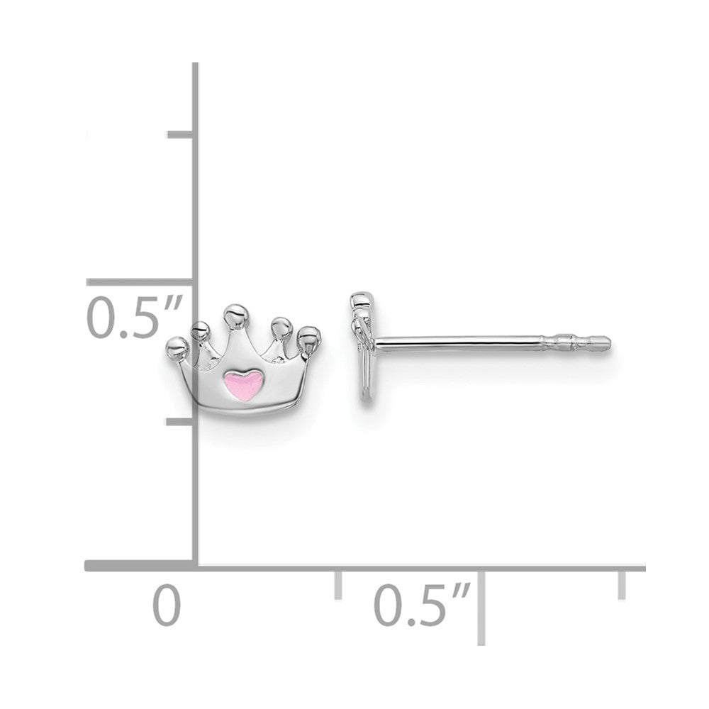 Sterling Silver Rhodium Plated Pink Enamel Heart Crown Children's Post Earrings