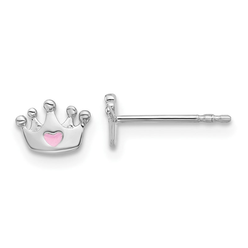 Sterling Silver Rhodium Plated Pink Enamel Heart Crown Children's Post Earrings