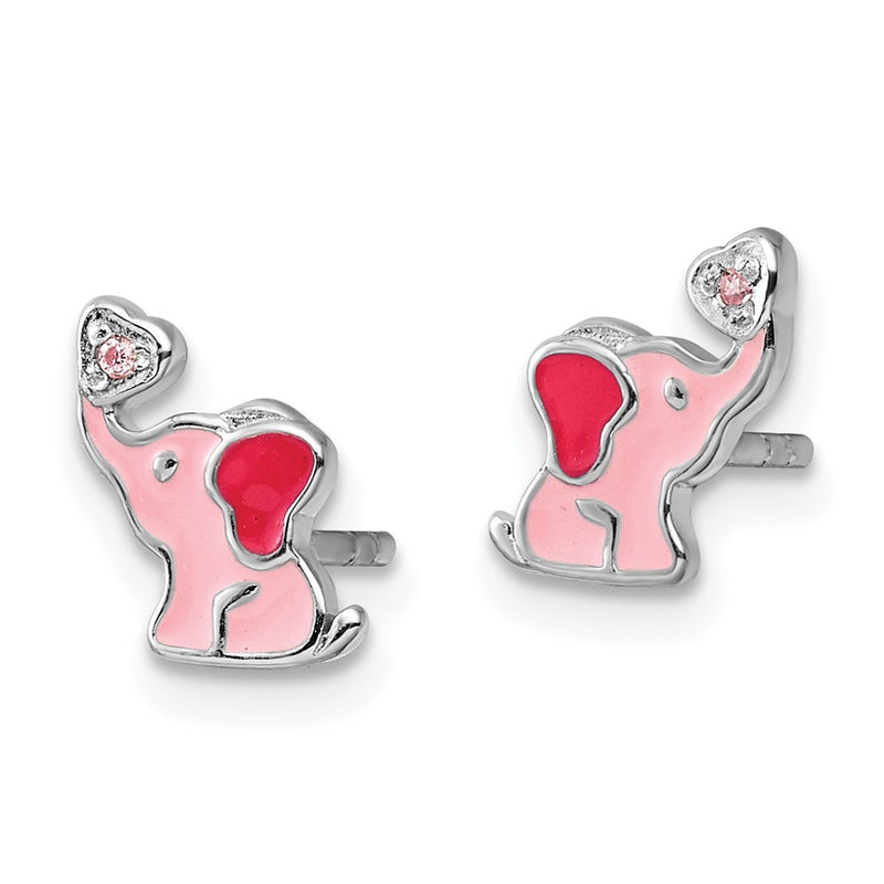 Sterling Silver Rh-Pltd Pink Enamel & CZ Elephant Children's Post Earrings