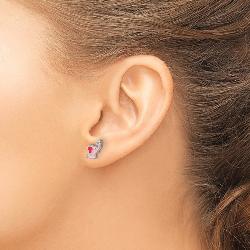 Sterling Silver Rh-Pltd Pink Enamel & CZ Elephant Children's Post Earrings