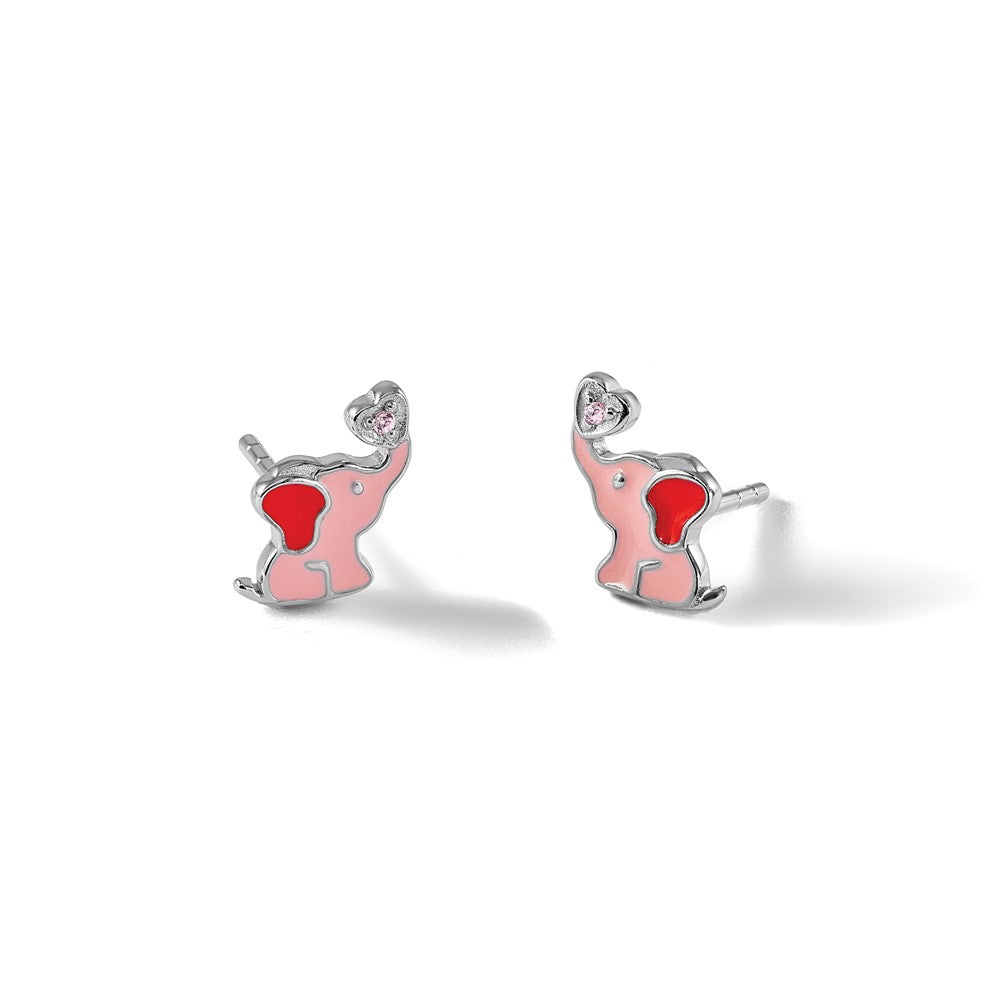 Sterling Silver Rh-Pltd Pink Enamel & CZ Elephant Children's Post Earrings
