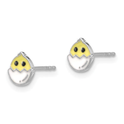Sterling Silver Rhodium-Plated Enamel Chick in Egg Children's Post Earrings