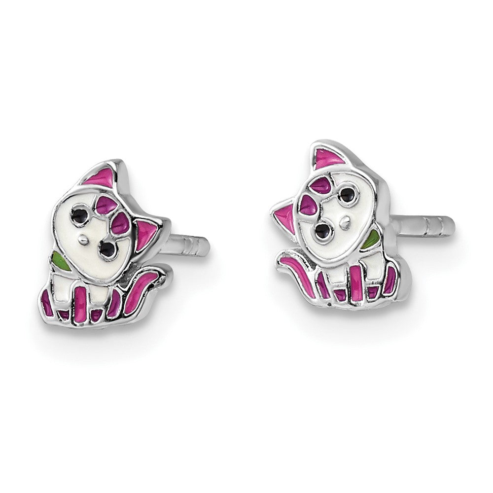 Sterling Silver Rhodium Plated Multicolor Enameled Kitty Children's Post Earring