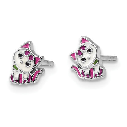 Sterling Silver Rhodium Plated Multicolor Enameled Kitty Children's Post Earring