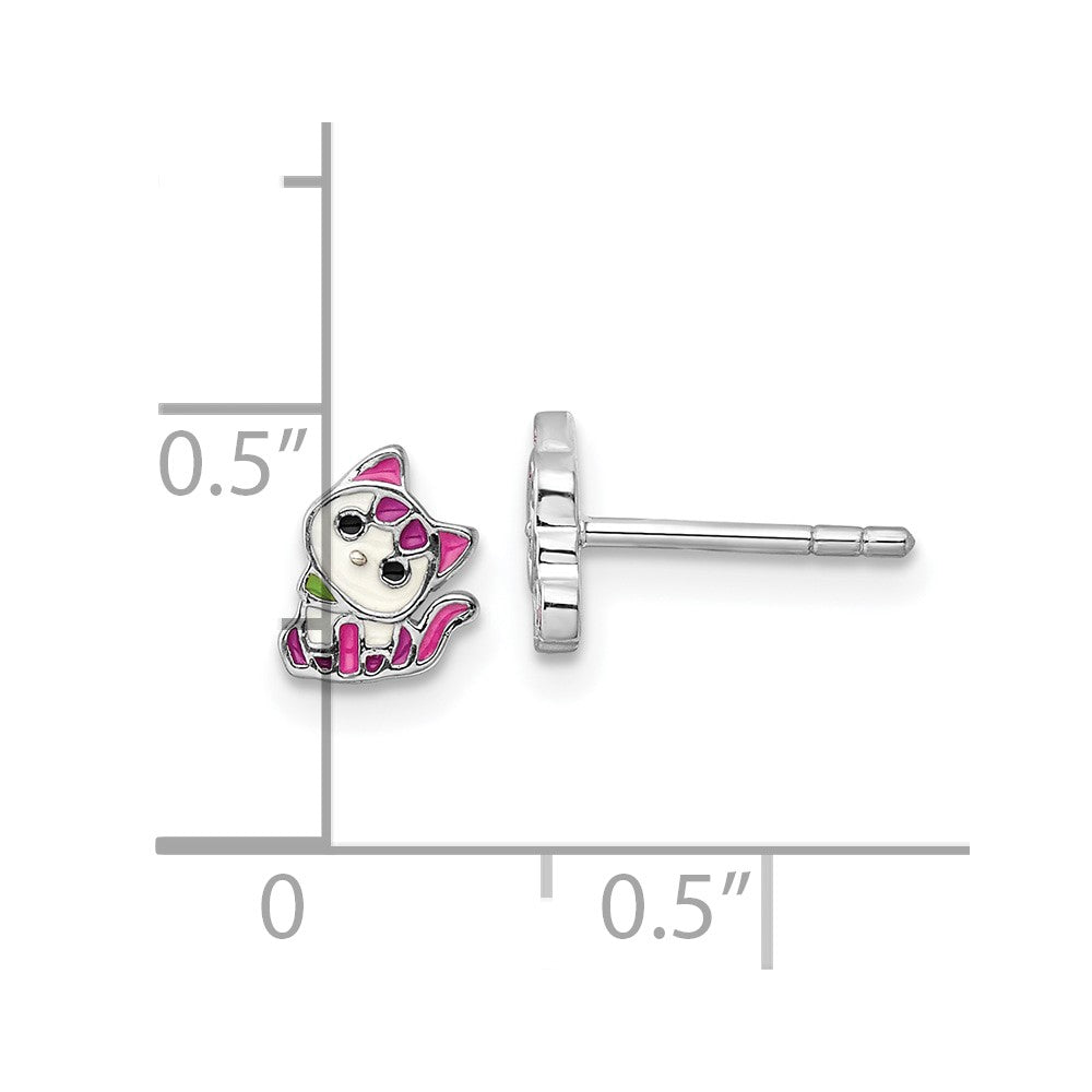 Sterling Silver Rhodium Plated Multicolor Enameled Kitty Children's Post Earring