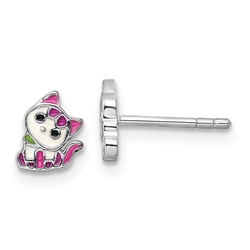 Sterling Silver Rhodium Plated Multicolor Enameled Kitty Children's Post Earring