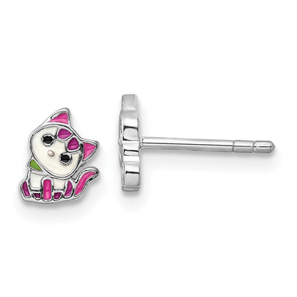 Sterling Silver Rhodium Plated Multicolor Enameled Kitty Children's Post Earring