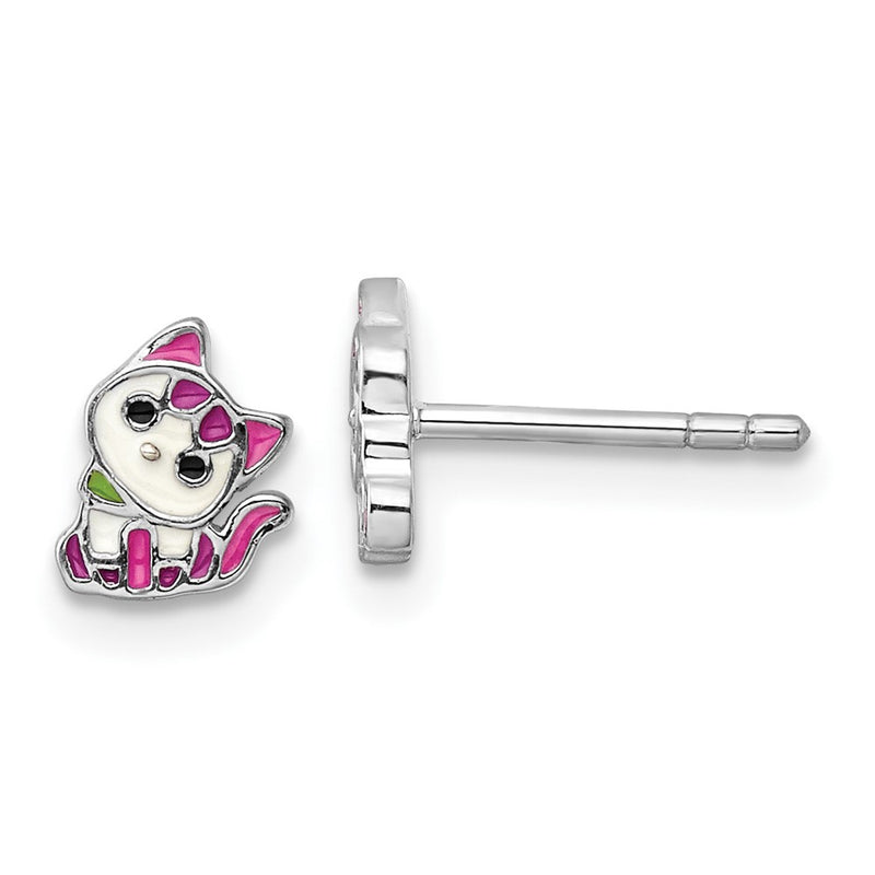 Sterling Silver Rhodium Plated Multicolor Enameled Kitty Children's Post Earring