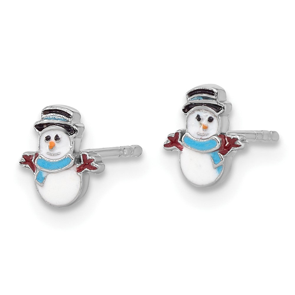 Sterling Silver Rhodium-Plated Enamel Snowman Children's Post Earrings