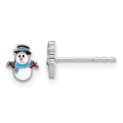 Sterling Silver Rhodium-Plated Enamel Snowman Children's Post Earrings