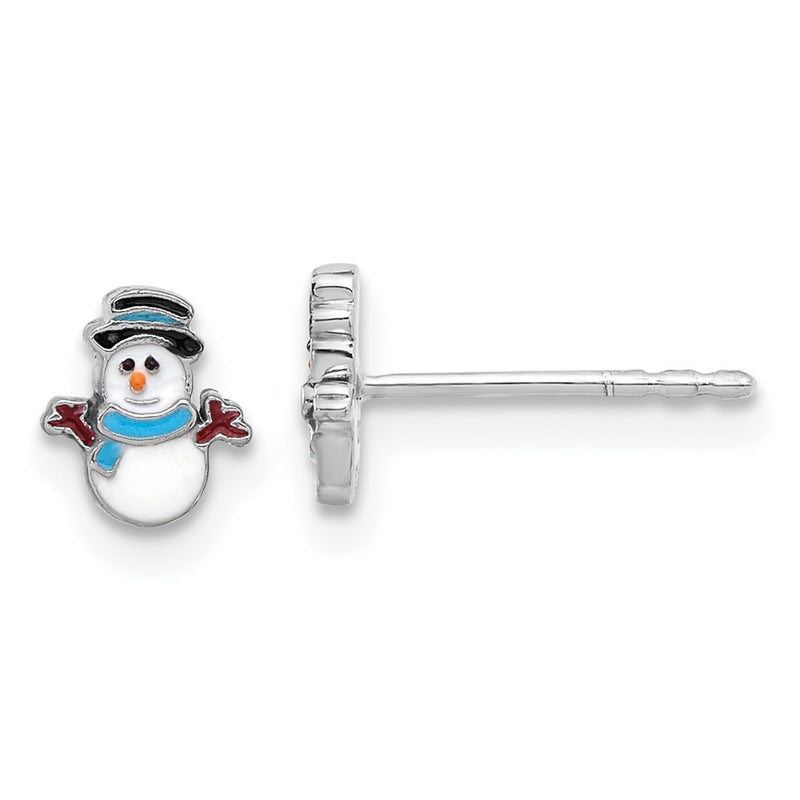 Sterling Silver Rhodium-Plated Enamel Snowman Children's Post Earrings