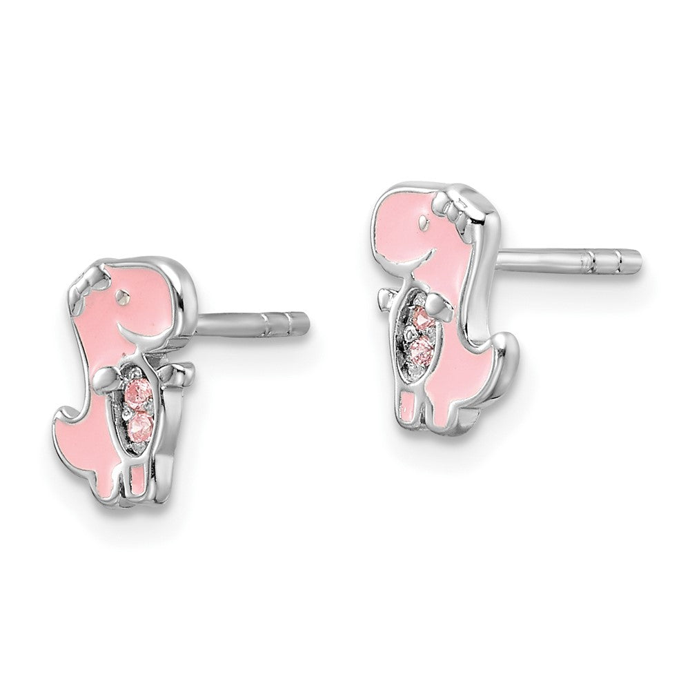 Sterling Silver Rh-Pltd Pink CZ & Enamel Dinosaur Children's Post Earrings