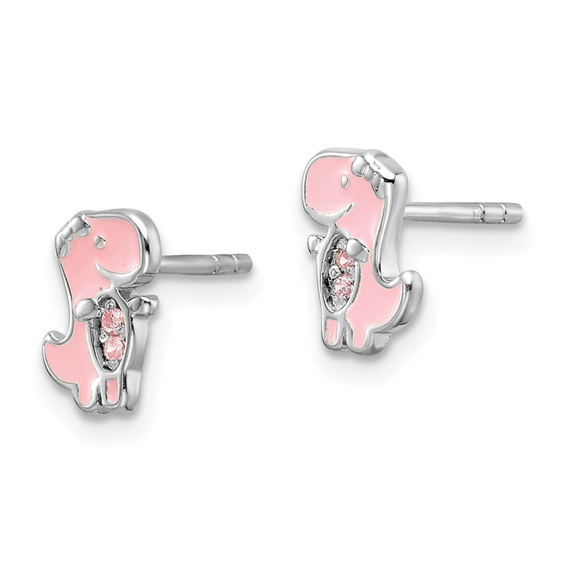 Sterling Silver Rh-Pltd Pink CZ & Enamel Dinosaur Children's Post Earrings