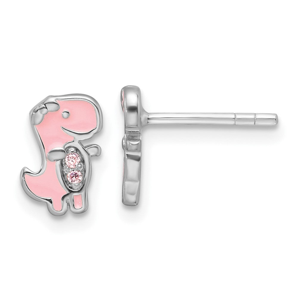 Sterling Silver Rh-Pltd Pink CZ & Enamel Dinosaur Children's Post Earrings