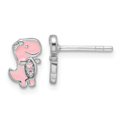 Sterling Silver Rh-Pltd Pink CZ & Enamel Dinosaur Children's Post Earrings