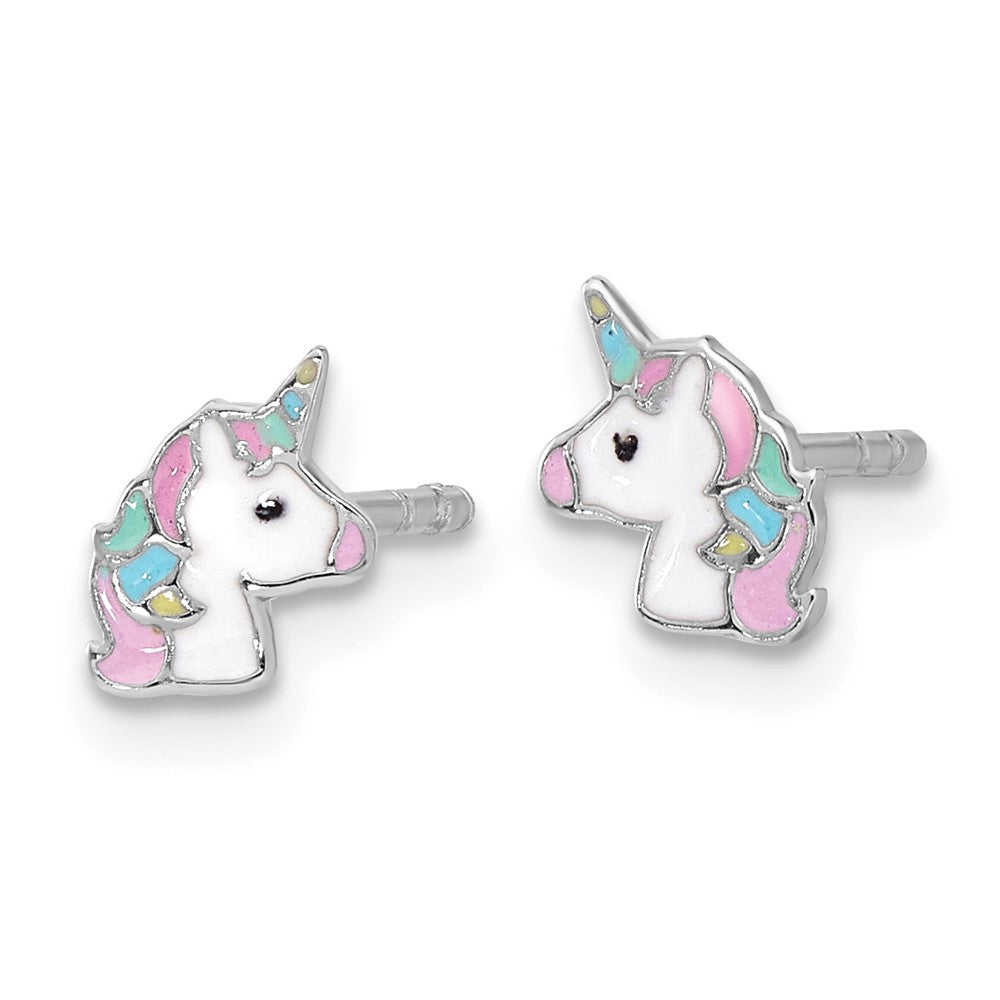 Sterling Silver Rhodium-Plated Enameled Unicorn Children's Post Earrings