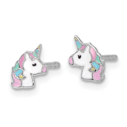Sterling Silver Rhodium-Plated Enameled Unicorn Children's Post Earrings