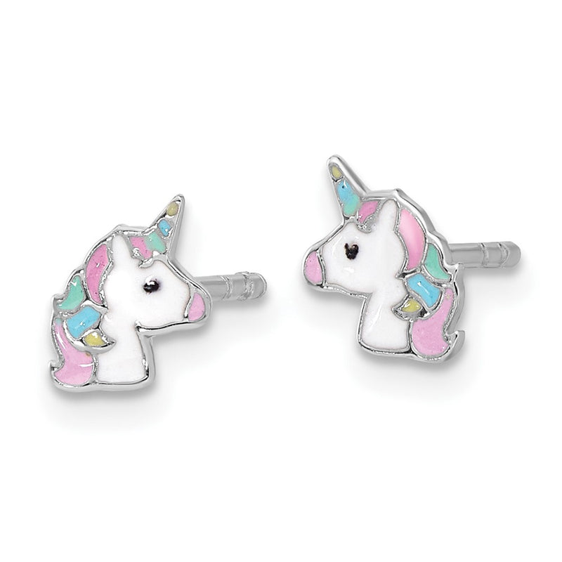 Sterling Silver Rhodium-Plated Enameled Unicorn Children's Post Earrings
