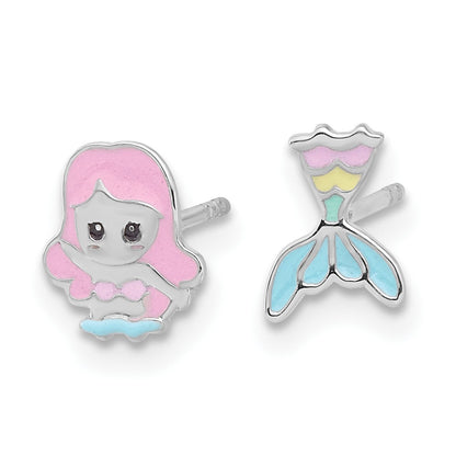 Sterling Silver Rh-Pltd Multicolor Enamel Mermaid Children's Post Earrings