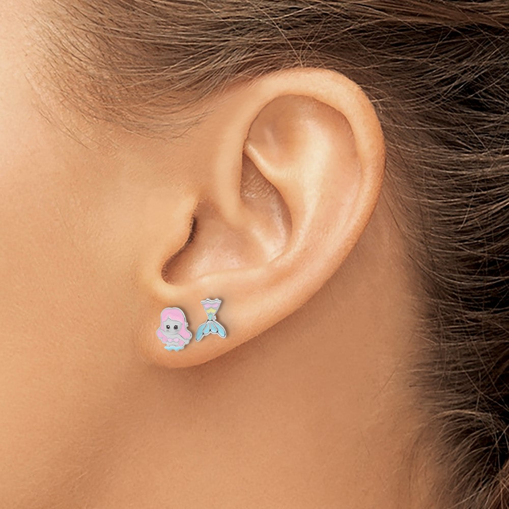 Sterling Silver Rh-Pltd Multicolor Enamel Mermaid Children's Post Earrings