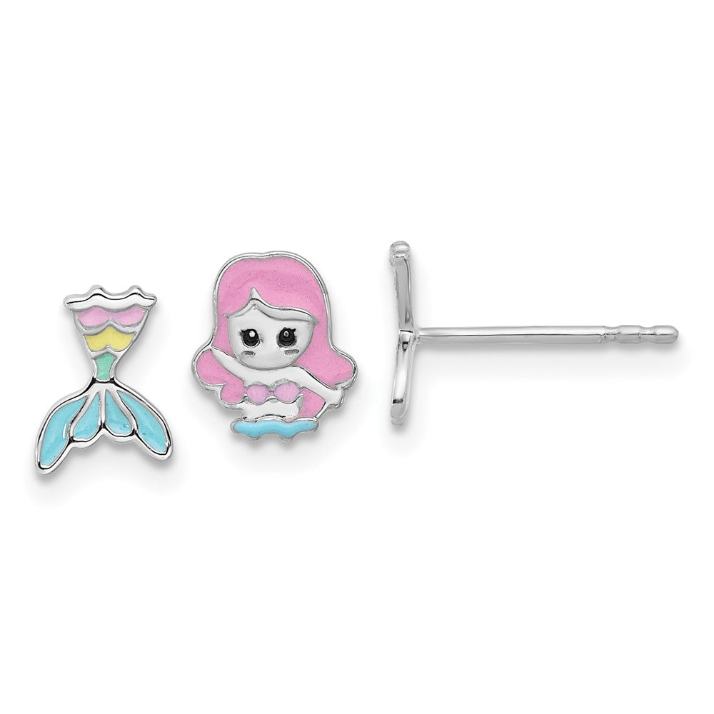 Sterling Silver Rh-Pltd Multicolor Enamel Mermaid Children's Post Earrings
