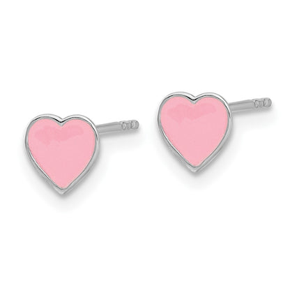 Sterling Silver Rhodium-Plated Pink Enamel Heart Children's Post Earrings