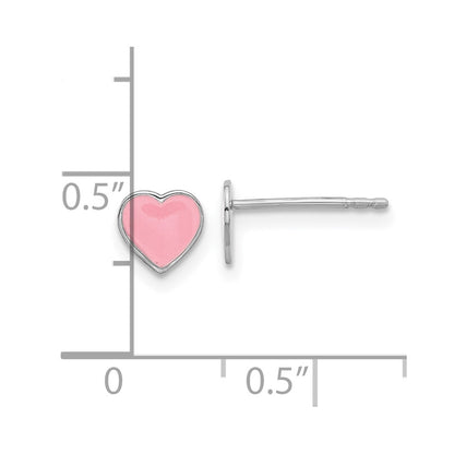 Sterling Silver Rhodium-Plated Pink Enamel Heart Children's Post Earrings