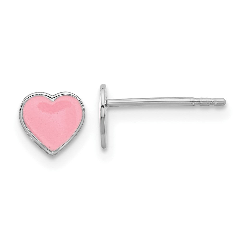 Sterling Silver Rhodium-Plated Pink Enamel Heart Children's Post Earrings
