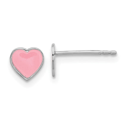 Sterling Silver Rhodium-Plated Pink Enamel Heart Children's Post Earrings