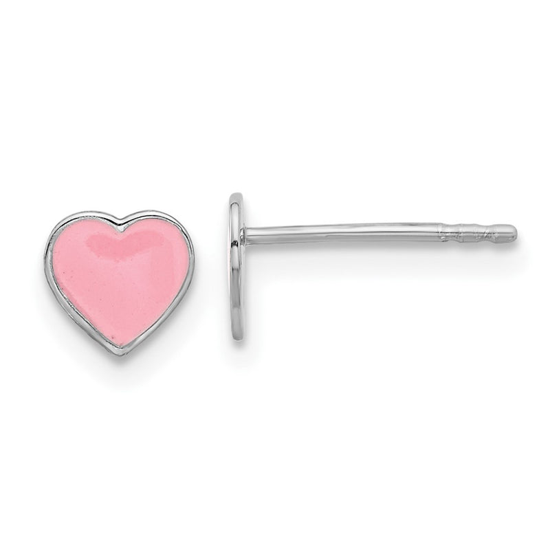 Sterling Silver Rhodium-Plated Pink Enamel Heart Children's Post Earrings