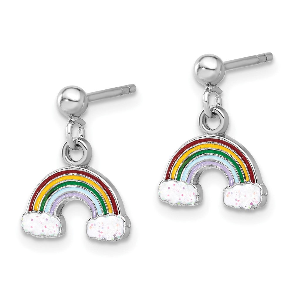 Sterling Silver Rhodium Plated Enameled Glitter Rainbow Post Dangle Earrings